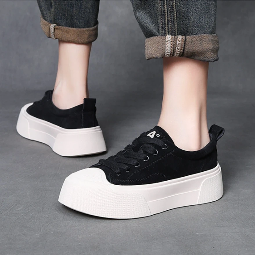 Women's Genuine Leather Lace-Up Shoes 5 CM Thick Sole Vintage Round Toe Platform Casual Slip-Resistant Derby Shoes 50728