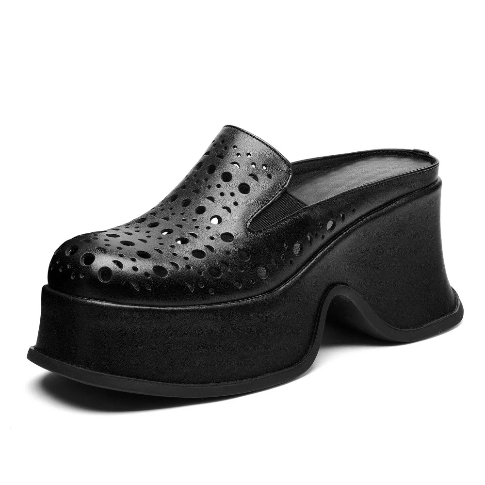 Women's Summer Fashion 9 CM Thick Platform Hollow Out Breathable Genuine Leather Mule Sandals Retro Open Back Slippers 50512