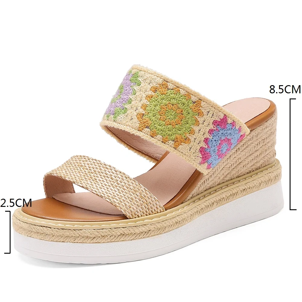 Women's Summer New Slim 9.5 CM High Heel Woven Floral Color Block Wedge Peep Toe Platform Gladiator Slippers 50529