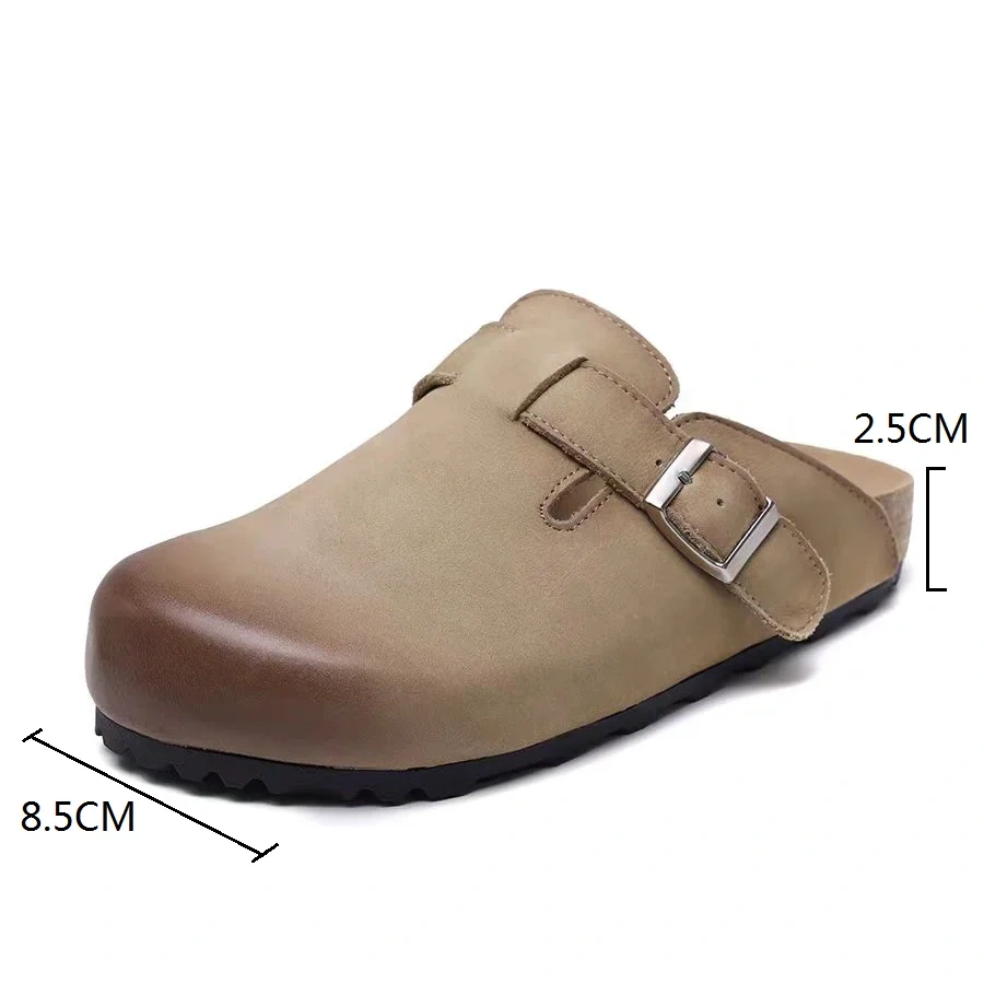 Women's Summer New Slim Fit 2.5 CM Platform Genuine Leather Round Toe Burnished Metal Buckle Flat Slip On Casual Slippers 50603