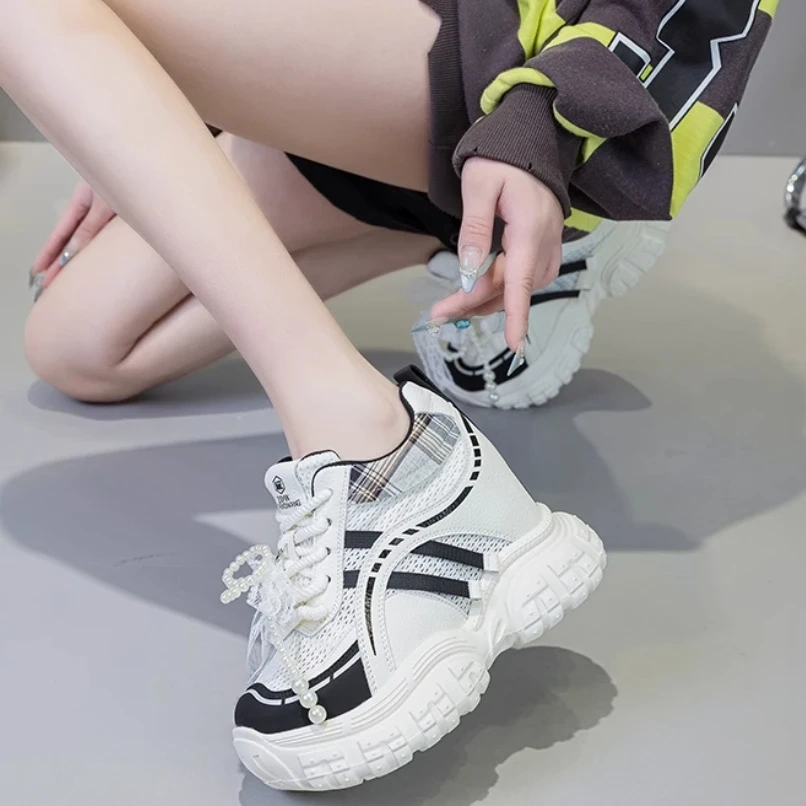 Women's Spring Autumn Fashion 10 CM Hidden Wedge Genuine Leather Mesh Sneakers Round Toe Lace Up Pearl Shoes 50522