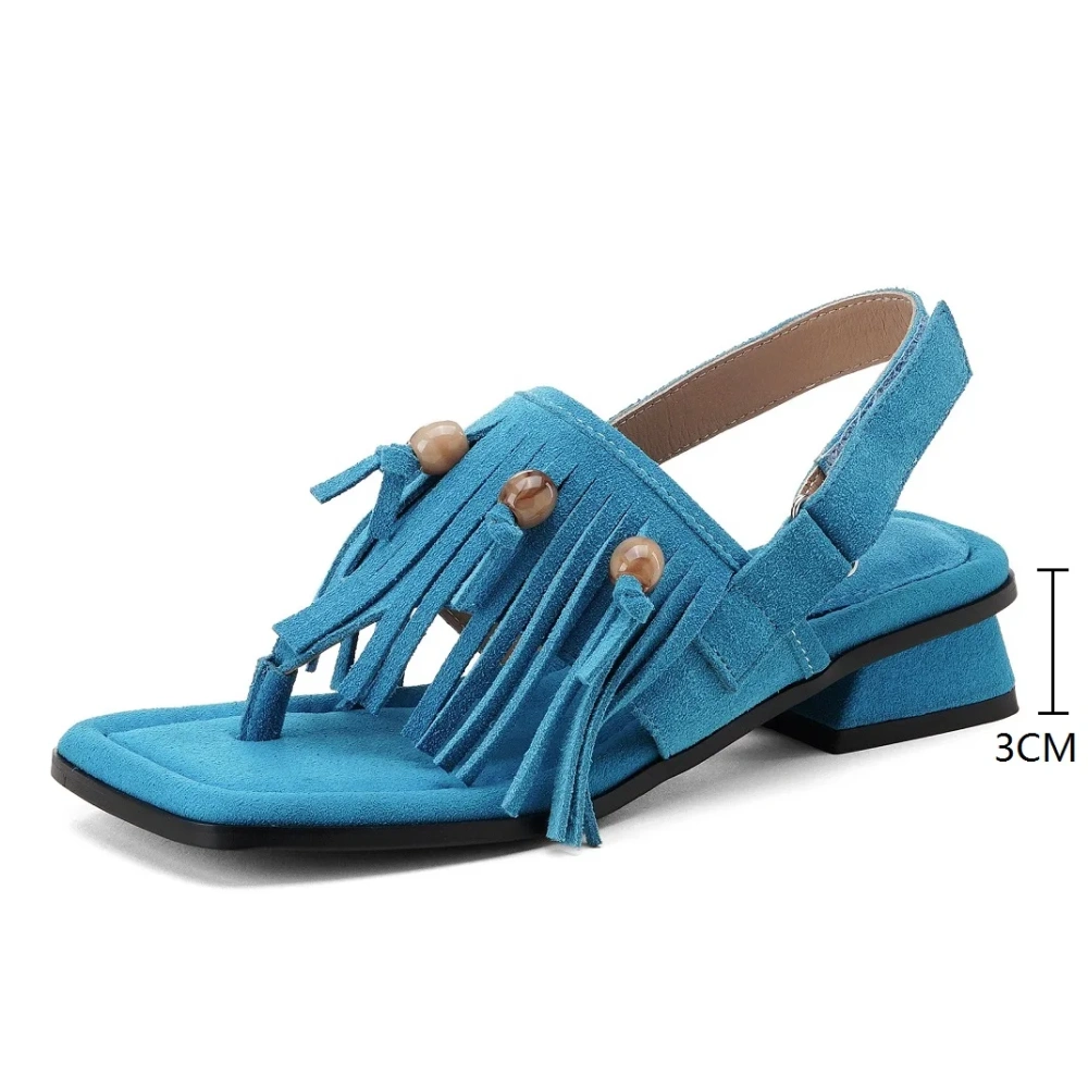Women's Summer New 3CM Square Heel Suede Flip Flop Square Toe Hook & Loop Fringe Bead Backless Bohemian Gladiator Sandals 50619