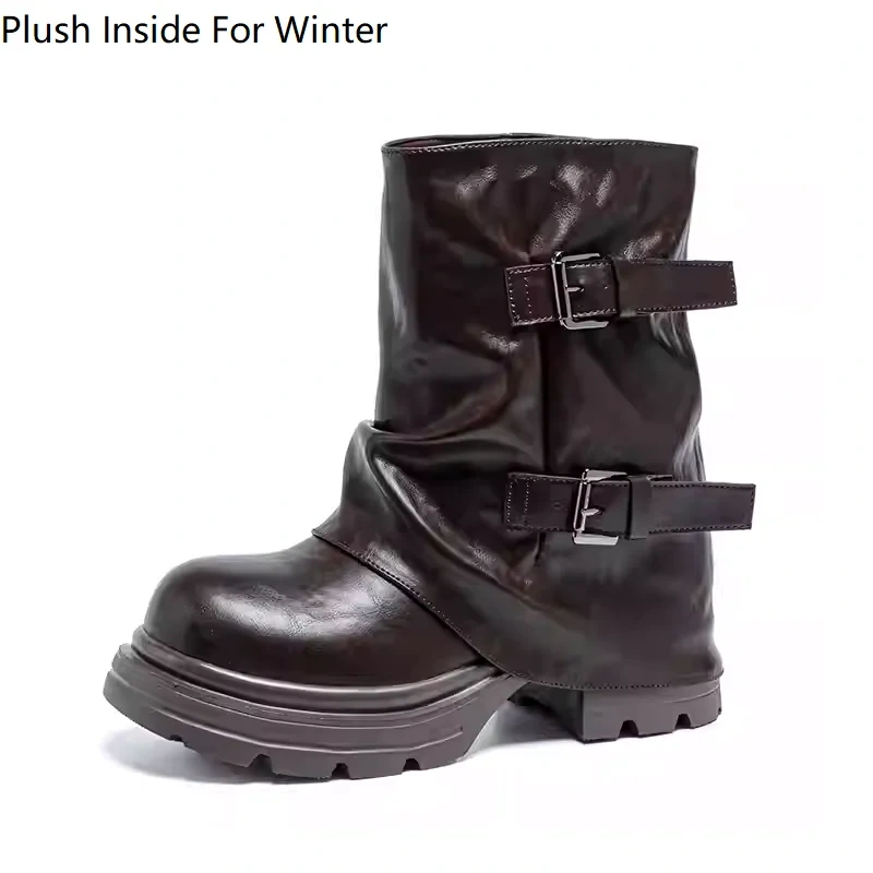 Genuine Leather Women's Autumn Winter New Retro 12CM Hidden Heel Belt Buckle Platform Classic Concise Casual Ankle Boots 51011