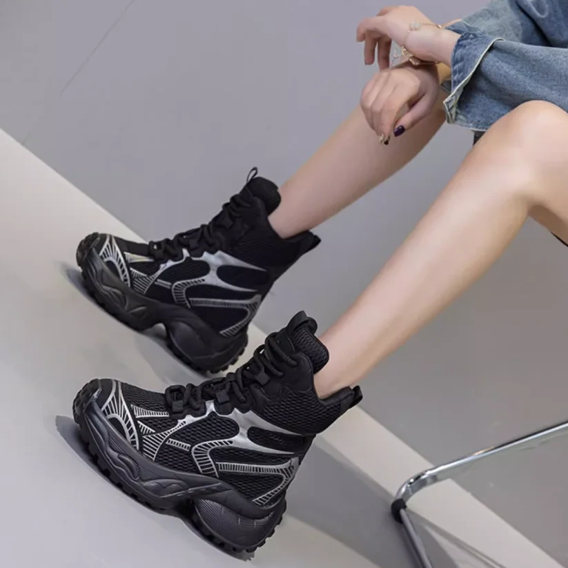 Trendy European & American Style Platform Genuine Leather Lace Up 13 CM Hidden Heel High Top Autumn Winter Women's Shoes 51016