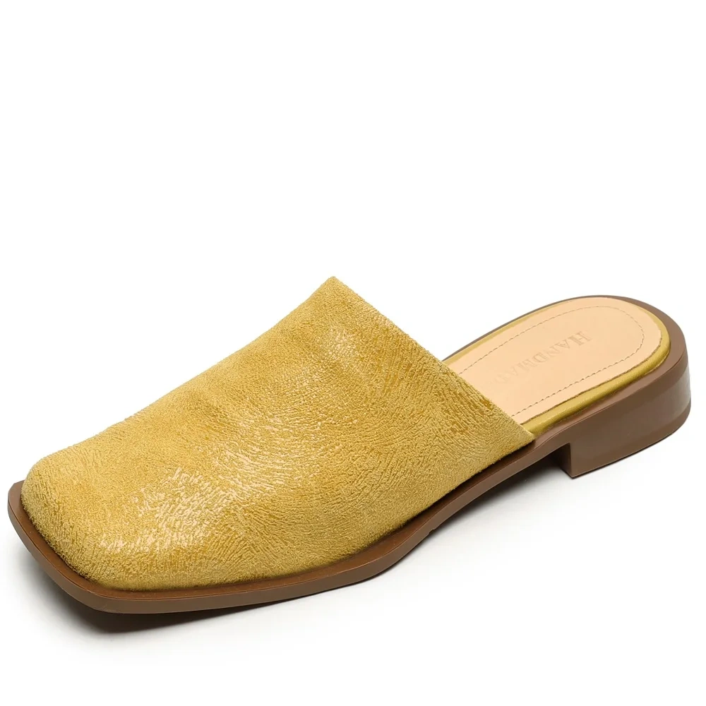 Women's Spring Summer New Fashion 2.5 CM Block Heel Genuine Leather Solid Color Closed Toe Open Back Yellow Simple Slides 50616