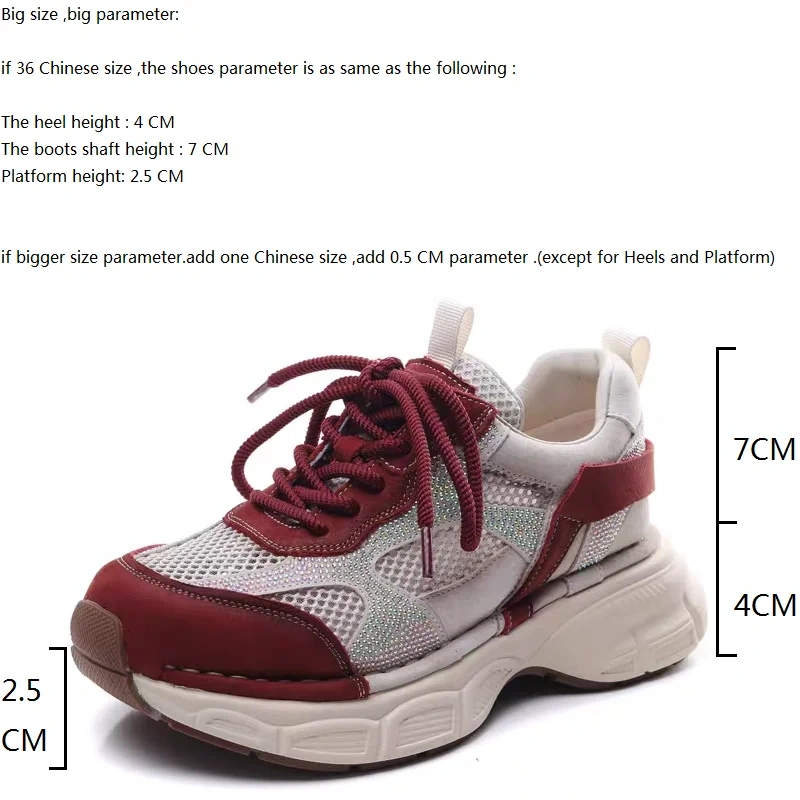 Women's Spring Summer Fashion 4 CM Thick Sole Genuine Leather & Mesh Crystals Hollow Out Platform Lace-Up Casual Shoes 50602
