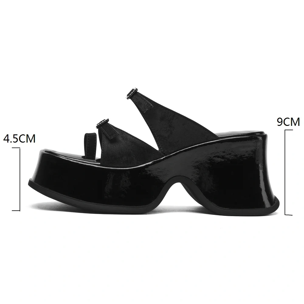 Women's Summer Fashion 9 CM Thick Sole Wedge Platform Genuine Leather Slippers Peep-Toe Buckle Strap Sandals 50517