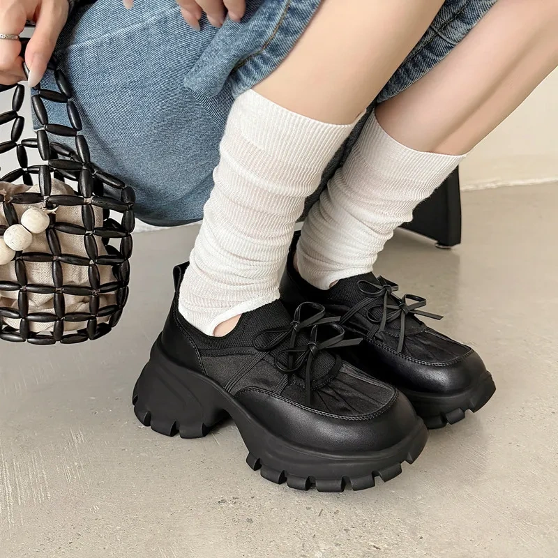 Women's New Autumn Genuine Leather Solid Color Concise Slim 7.5CM Chunky Platform Ruched Lace-Up Bowknot Casual Shoes 50727