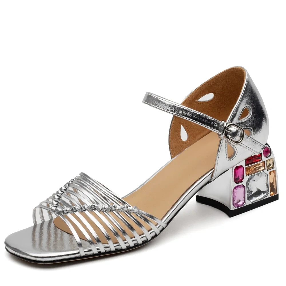 Women's Summer Genuine Leather Slim 5.5 CM Block Heel Cut Out Woven Square Toe Crystals Strap Buckle Sandals 50612