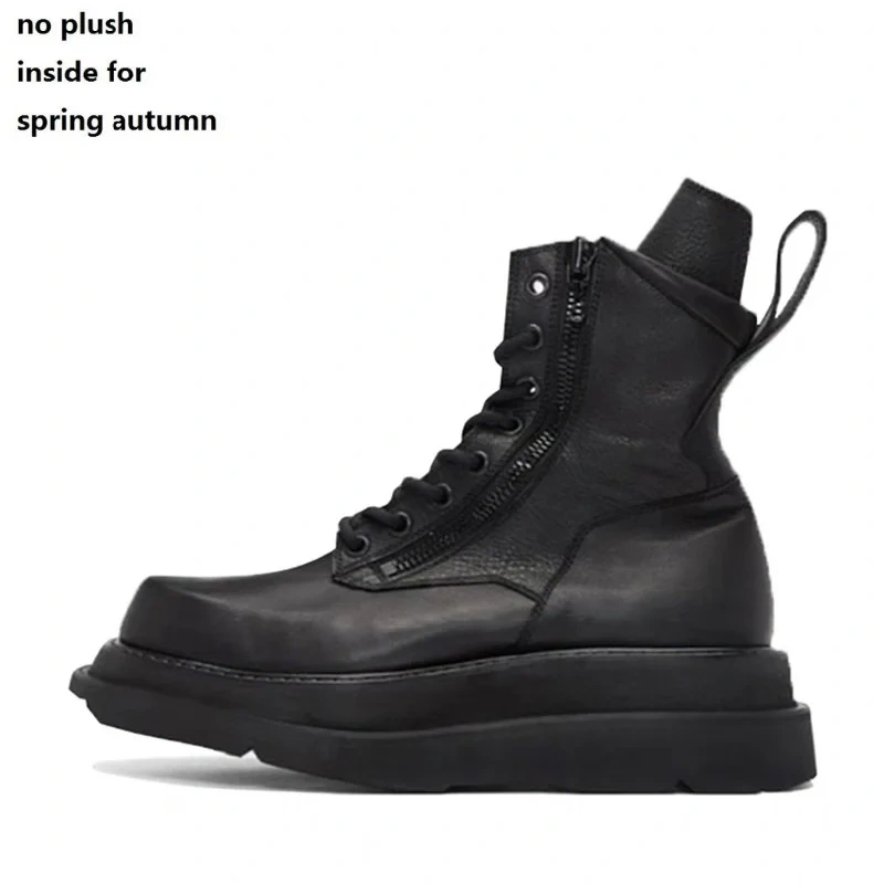 Spring Autumn New Retro Chunky Bottom Platform Sewing Genuine Leather Men Mid-Calf Riding Equestrian Boots Winter Plush 2306