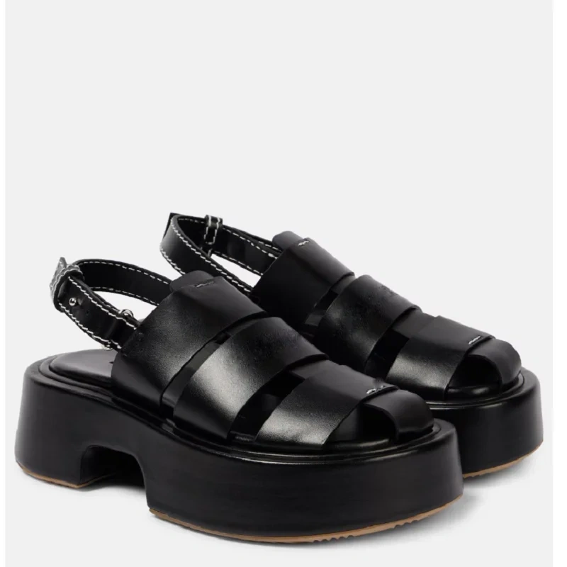 Women's Summer New Fashion Slim Chunky Heel Genuine Leather Cut Out Platform Gladiator Solid Color Sandals 50609