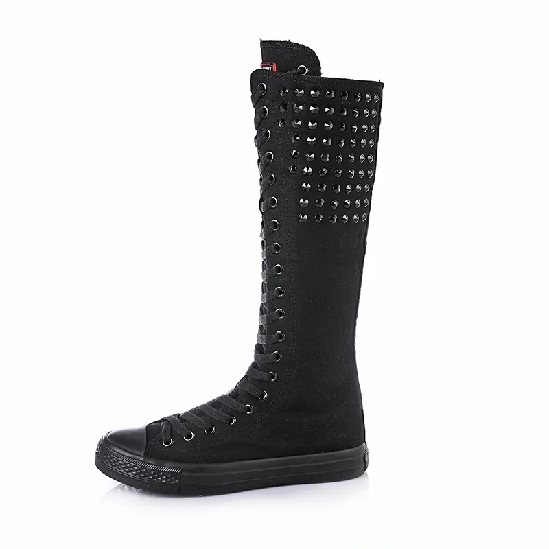Women Knee-High Long Boots Korean Style Slim High-top Plus Size 42 43 Zipper Cross-tied Rivet Canvas Ladies Dance Shoes 2301