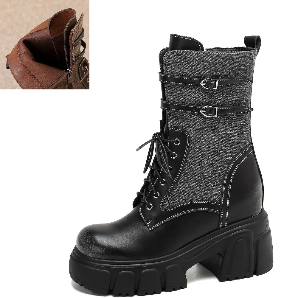 Women's Side Zipper Buckle 10 CM Block Heel Fleece-Lined Autumn Winter Slim-Fit Genuine Leather American Style Ankle Boots 51020