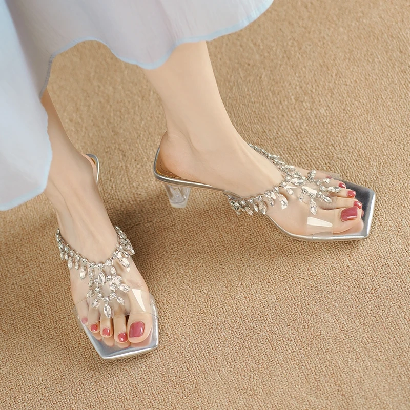 Women's Summer New 6CM Height Increasing Chunky Heel Crystals Peep Toe Retro Square Toe Plus Size 40 Fashion Slippers 50623