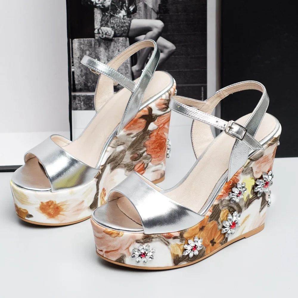 Women's Summer Slim 12.5 CM Wedge Heel Genuine Leather Printed Peep Toe Ankle Strap Open Back Platform Gladiator Sandals 50610