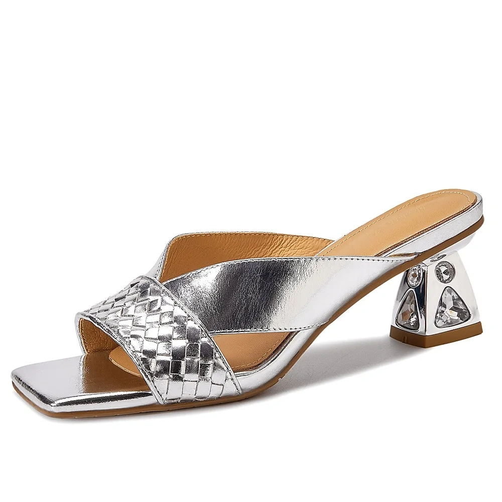 Women's Summer New Slim 6 CM Chunky Heel Crystals Genuine Leather Woven Open-Toe Square Toe French Vintage Slippers 50619