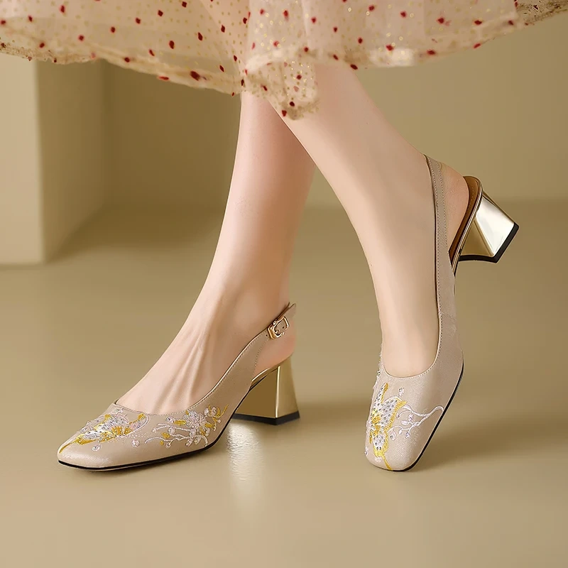 Women's Summer New Slim 5.5 CM Block Heel Genuine Leather Embroidered Crystals Buckle Strappy Open Back Square Toe Pumps 50619