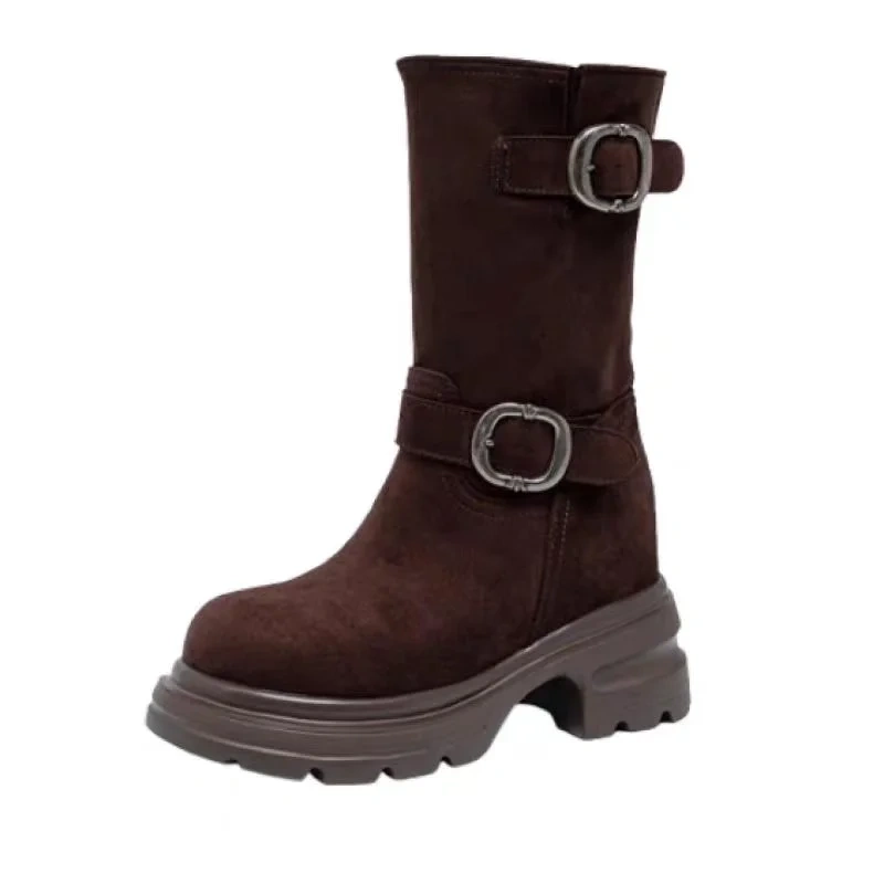 Women's Autumn Suede Genuine Leather Metal Buckle Slip On Solid Color Retro Round Toe 12CM Heel Casual Mid Calf Boots 50807