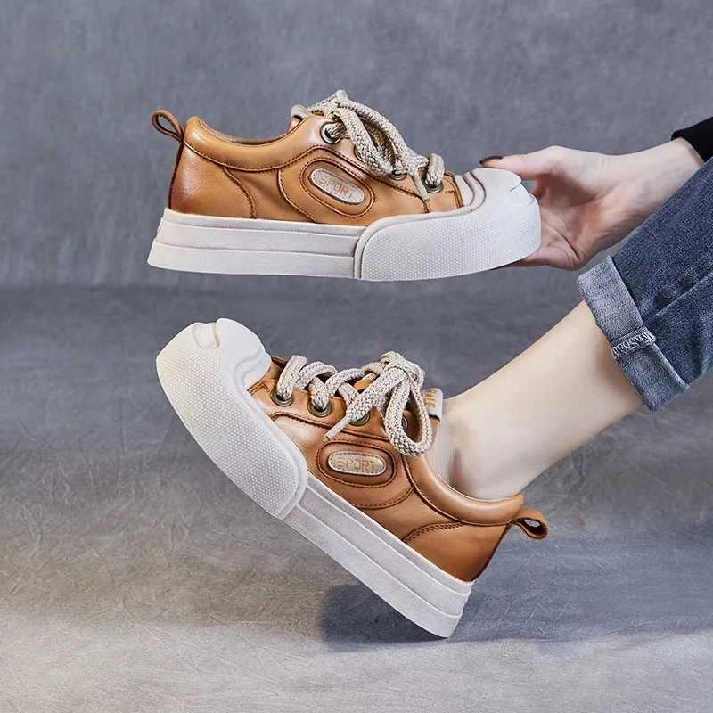 Spring Autumn New Korean Style Leisure Chunky Bottom Platform Lace-Up Genuine Leather Women Casual Board Shoes Ladies Flats 2401