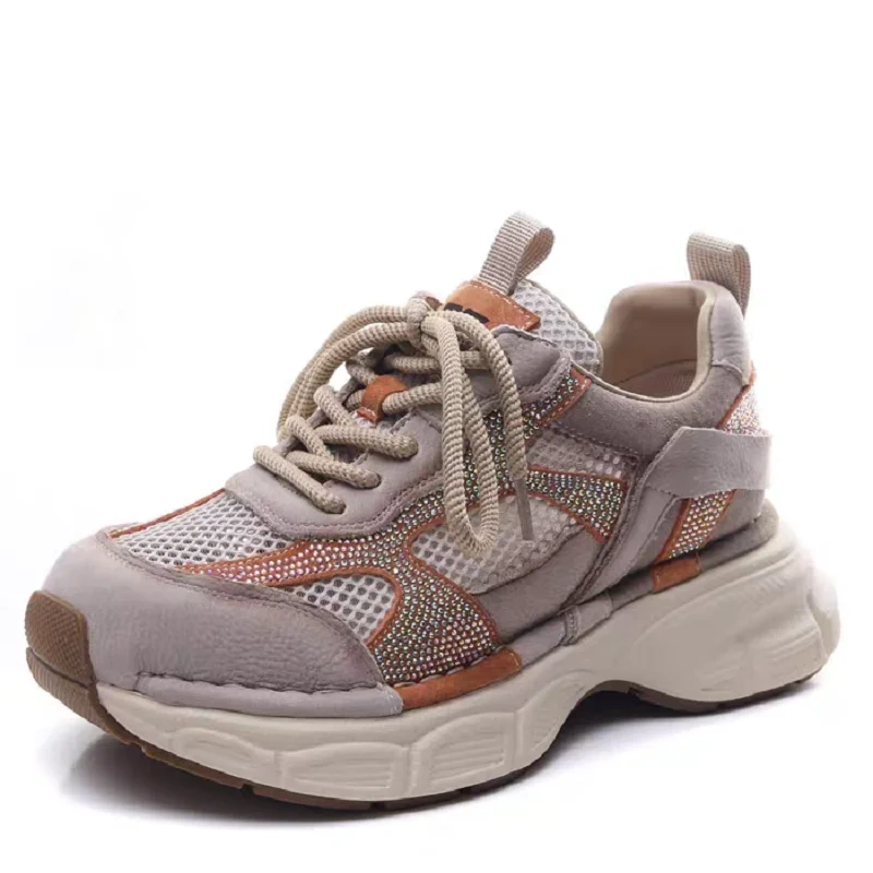 Women's Spring Summer Fashion 4 CM Thick Sole Genuine Leather & Mesh Crystals Hollow Out Platform Lace-Up Casual Shoes 50602