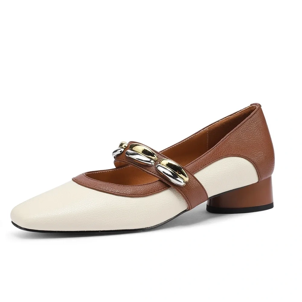 Women's Spring Summer New Genuine Leather French Square Toe 3CM Low Chunky Heel Shallow Mouth Block Color Slip On Shoes 50724