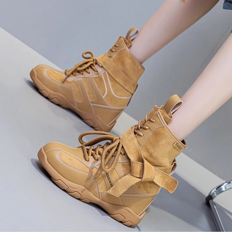 Women's Autumn Solid Color Slim-fit 12CM Hidden Wedge Lace-up Round Toe Platform Concise Casual Ladies Ankle Boots 50806