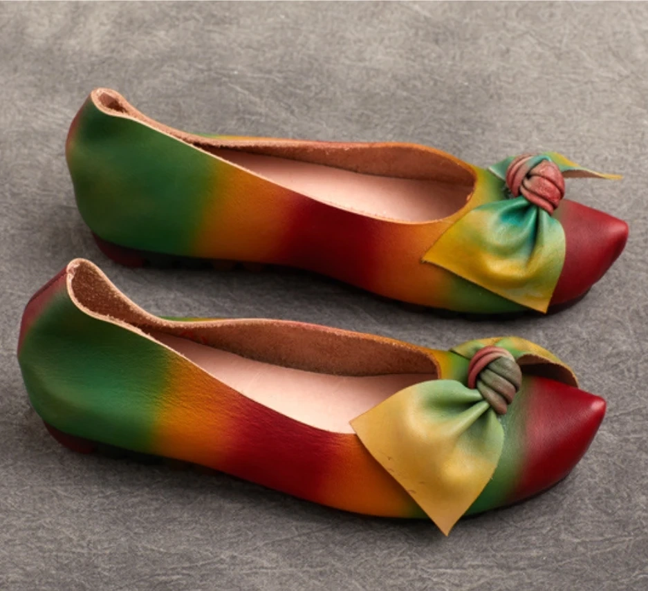 Women's Spring Summer Autumn Fashion 4 CM Heel Genuine Leather Pointed Toe Shallow Mouth Color-Blocking Slip-On Loafers 50707