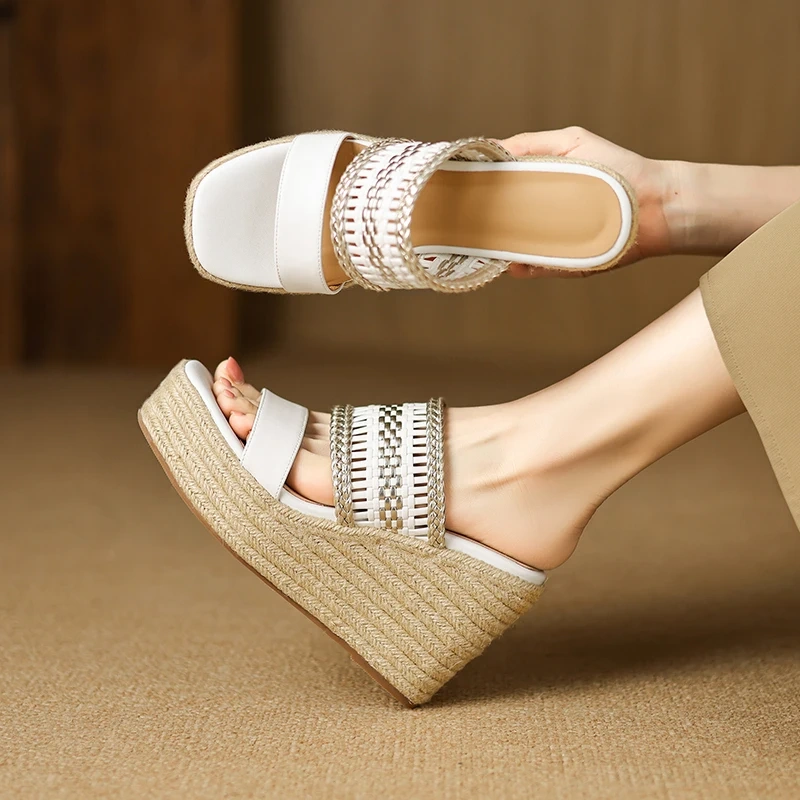 Women's Summer New Genuine Leather Slim Fit 10 CM Height Increasing Woven Peep-Toe Platform Color Blocking Wedge Slippers 50616