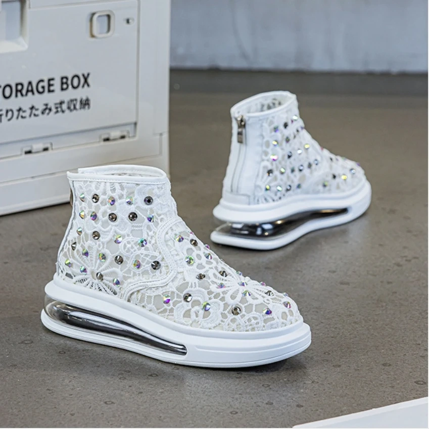 Women's Summer New Slim Fit 5 CM Heel Lace Genuine Leather Wedge Bling Crystals Zipper Platform Casual Shoes 50605