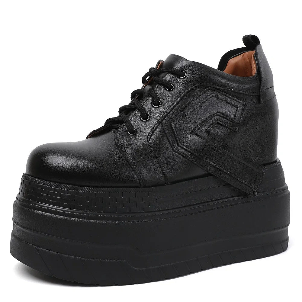 Women's Autumn Genuine Leather Round Toe Lace-Up Casual Shoes 12CM Inner Heightening Sole Solid Color Platform Sneakers 50903