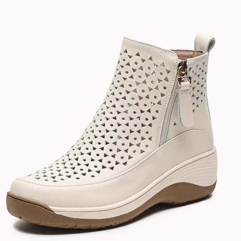 Women's Spring Summer Slim 5.5 CM Height Increasing Genuine Leather Cut Out Wedge Platform Zipper Breathable Ankle Boots 50604