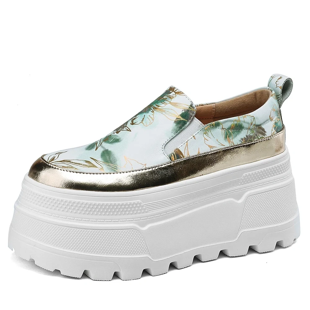 Women's Summer New Slim 8 CM Thick Sole Genuine Leather Printed Loafer Shoes Round Toe Slip On Platform Blocking Flats 50618
