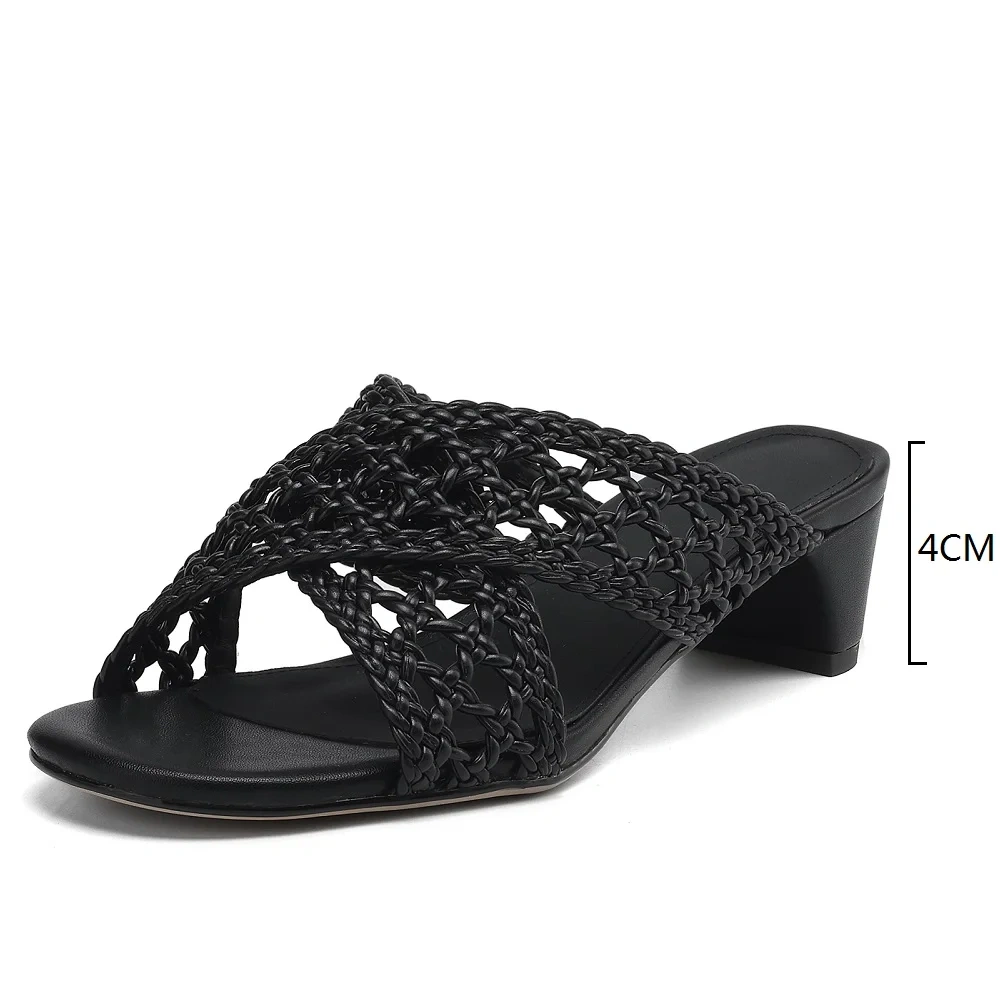 Women's Summer New Slim 4 CM Chunky Heel Woven Cross Strap Cut Out Open Toe Gladiator Fashion Slippers 50529
