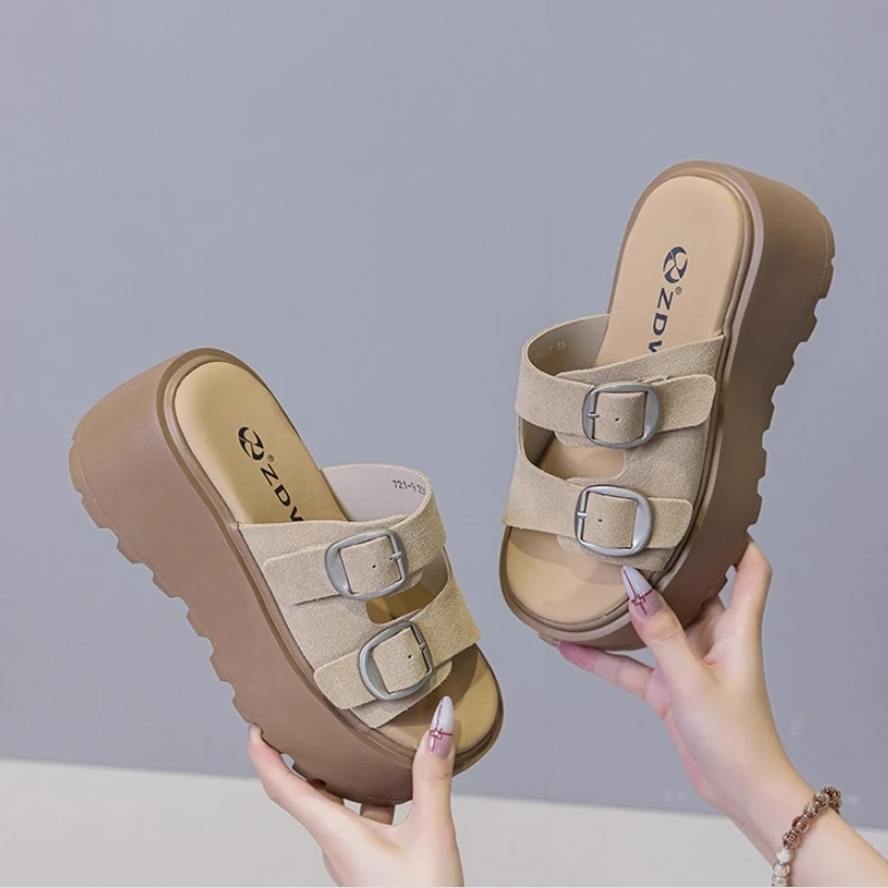 Women's Summer New 8CM Platform Sole Suede Open Toe Solid Color Belt Buckle Open Back Round Toe Yellow Fashion Slides 50713