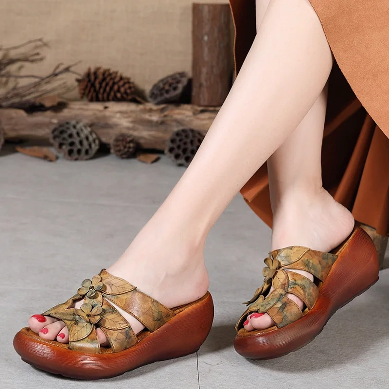 Women's Summer Slim 6 CM Wedge Heel Platform Peep Toe Floral Embossed Slide Genuine Leather  Retro Gladiator Slippers 50620