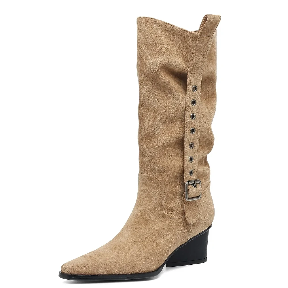 Women's Autumn New Suede Genuine Leather 5.5CM Block Heel Pointed Toe Buckle Belt Folded Fashion Concise Stacked Boots 50803