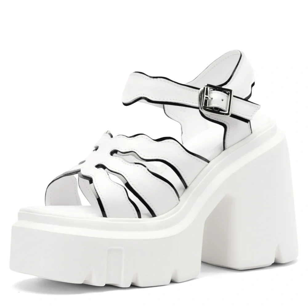 Women's Summer Fashion 12 CM High Heel Chunky Heel Genuine Leather Sandals Block Metal Buckle Open-Toe Strappy Sandals 50520