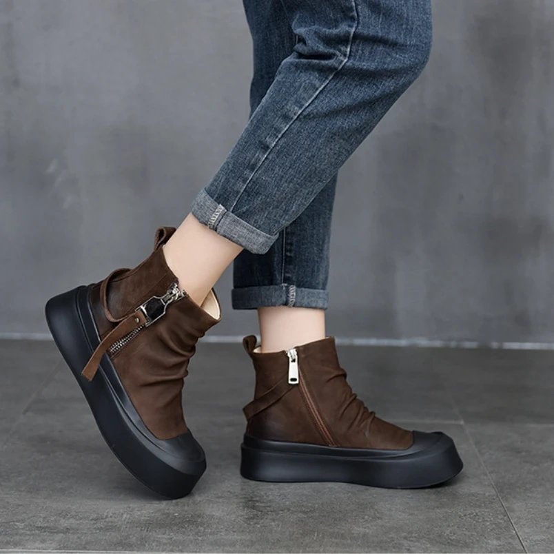 Women's Autumn Spring Fashion Genuine Leather 3 CM Thick Sole Solid Color Zipper Wrinkle Platform Ankle Boots 50530