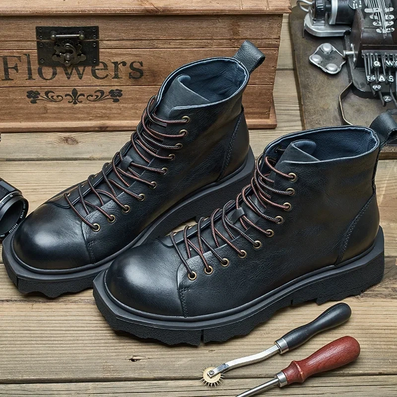 Spring Autumn New British Style Retro Chunky Bottom Sewing Platform Cross-tied Genuine Leather Men Ankle Short Work Safety Boots