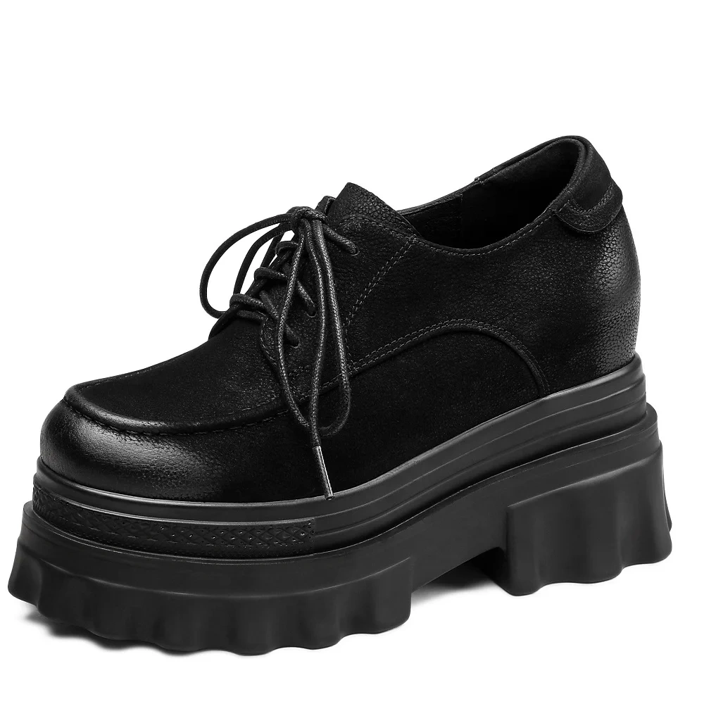 Spring Autumn New British Style Retro Height Increasing Platform Wedges Sewing Lace-Up Genuine Leather Women Casual Pumps 2401