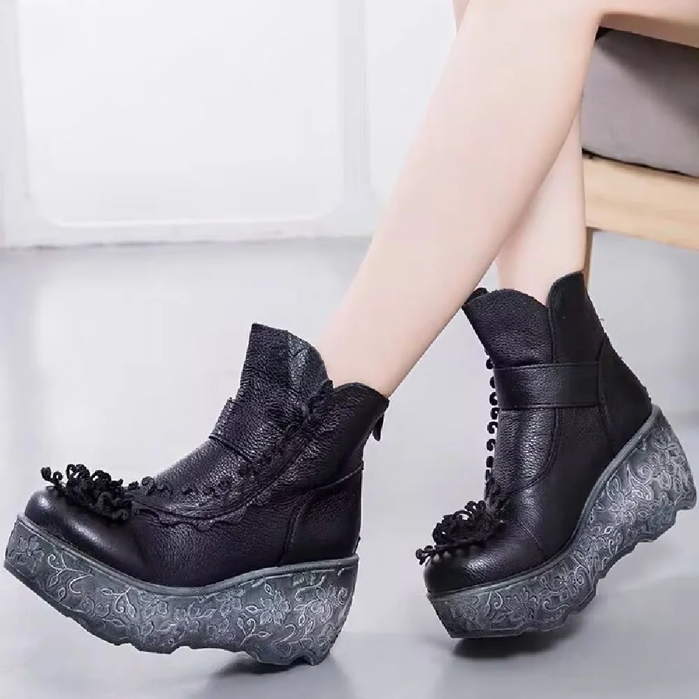 Spring Autumn New National Style Retro Wedges Platform Fringe Flowers Genuine Leather Women Ankle Short Equestrian Boots 2401
