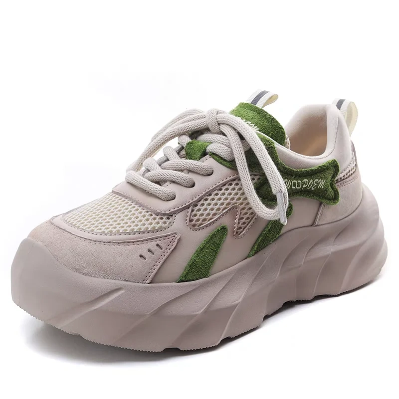 Women's Spring Summer Slim Fit 5 CM Thick Sole Genuine Leather & Mesh Patchwork Cross Lace-Up Casual Flat Shoes 50602