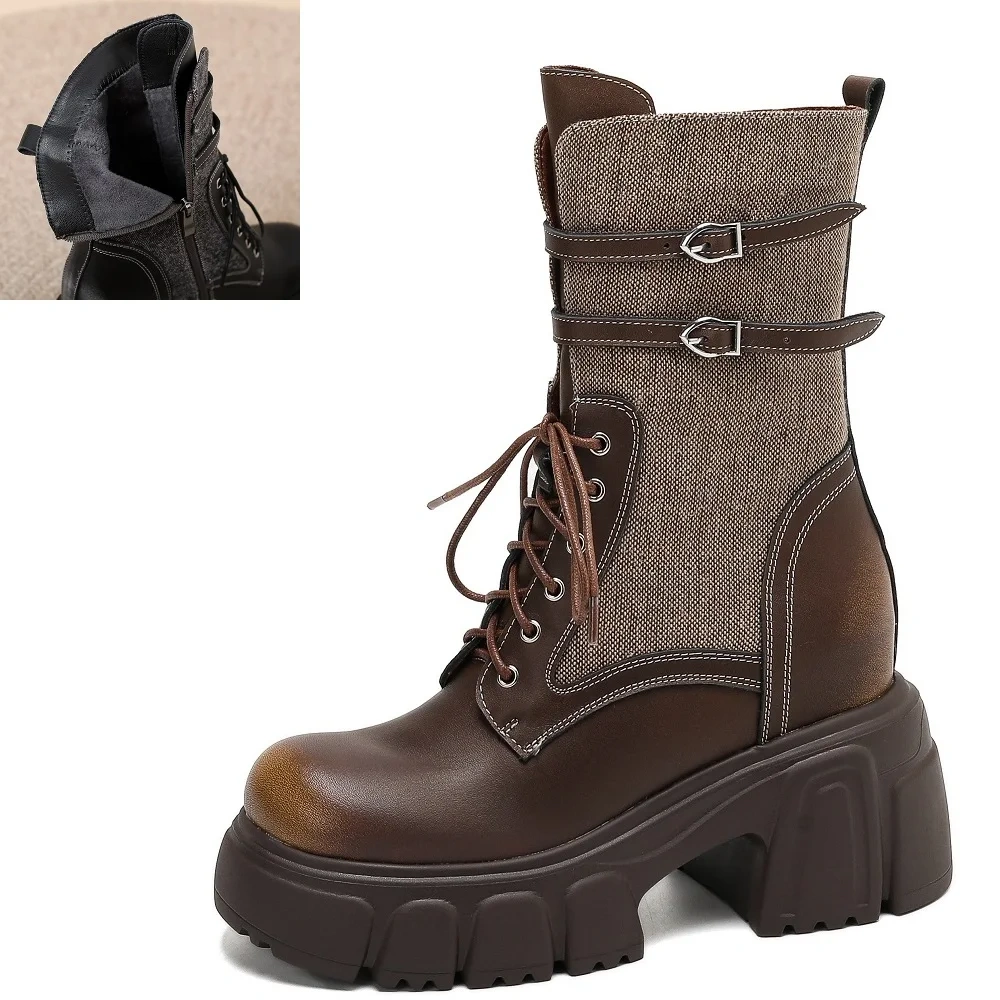 Women's Side Zipper Buckle 10 CM Block Heel Fleece-Lined Autumn Winter Slim-Fit Genuine Leather American Style Ankle Boots 51020