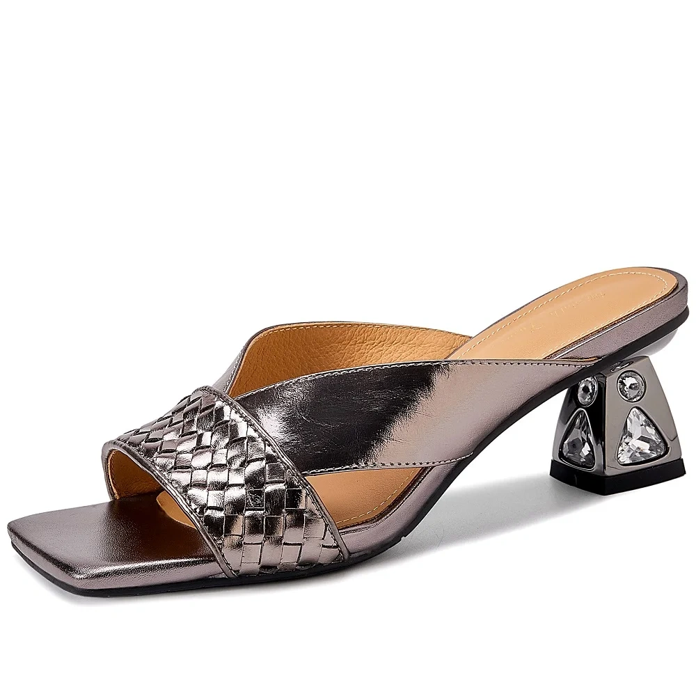 Women's Summer New Slim 6 CM Chunky Heel Crystals Genuine Leather Woven Open-Toe Square Toe French Vintage Slippers 50619