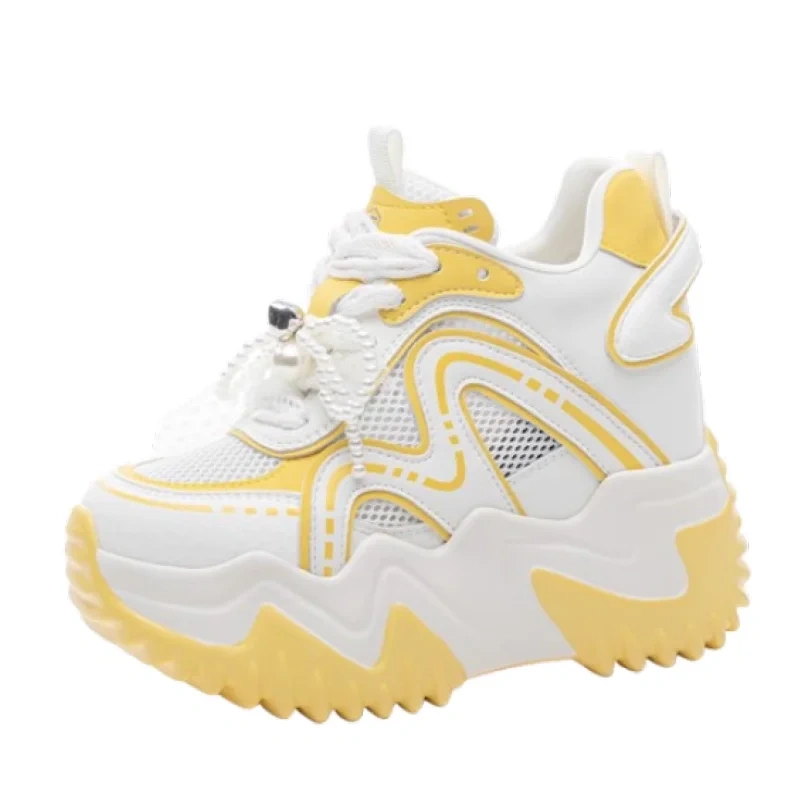 Women's Summer Fashion Genuine Leather & Mesh Breathable 12 CM Platform Wedge Sneakers Pearl Lace-Up Ribbon Shoes 50523