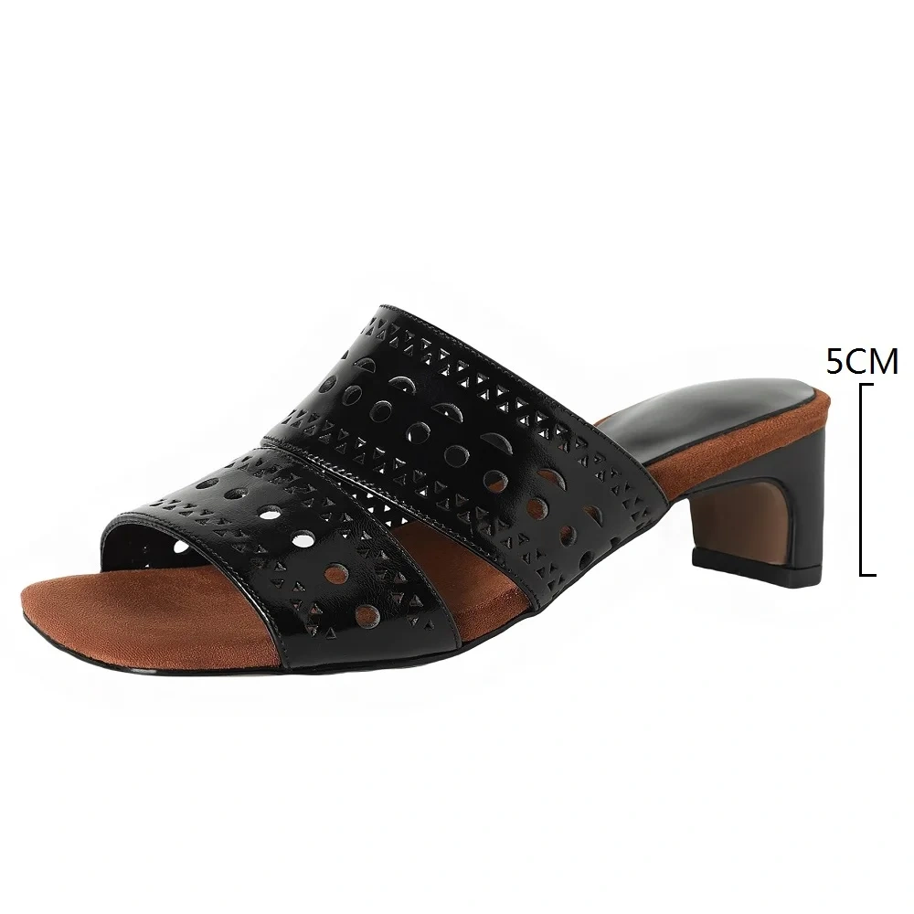Women's Summer Fashion 5 CM Heel Genuine Leather Open Toe Vintage Hollow-Out Slide Flip Flops 50528