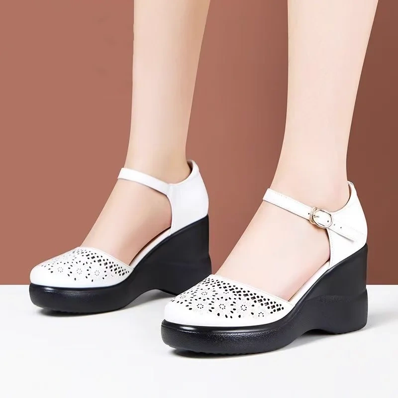 Women's Summer New Slim Leather Cut Out Wedge Round Toe Platform Shallow Mouth Ankle Strap Buckle Casual Gladiator Sandals 50709