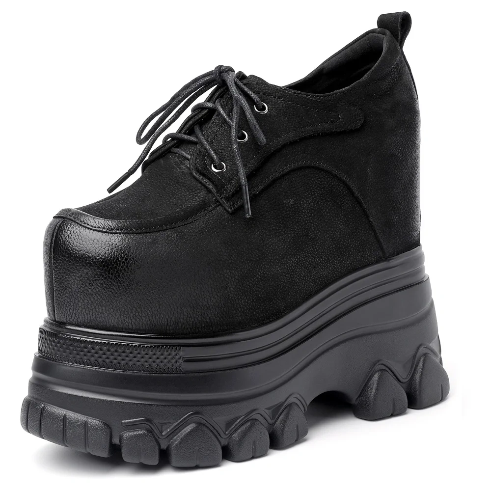 Spring Autumn New British Style Slim Height Increasing 16CM Wedges High Heels Platform Lace-Up Genuine Leather Women Pumps 2401