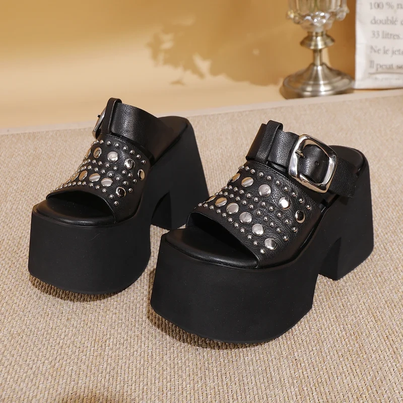 Women's Summer New 11 CM Chunky Heel Genuine Leather Open-Toe Gladiator Rivets Metal Buckle Platform Wedge Slippers 50606