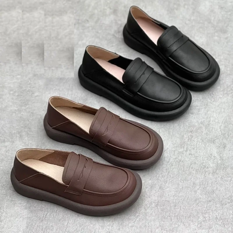 Spring Autumn New Retro Chunky Bottom Sewing Handmade Slip-On Genuine Leather Women Loafers Shoes Ladies Casual Sneakers 2312